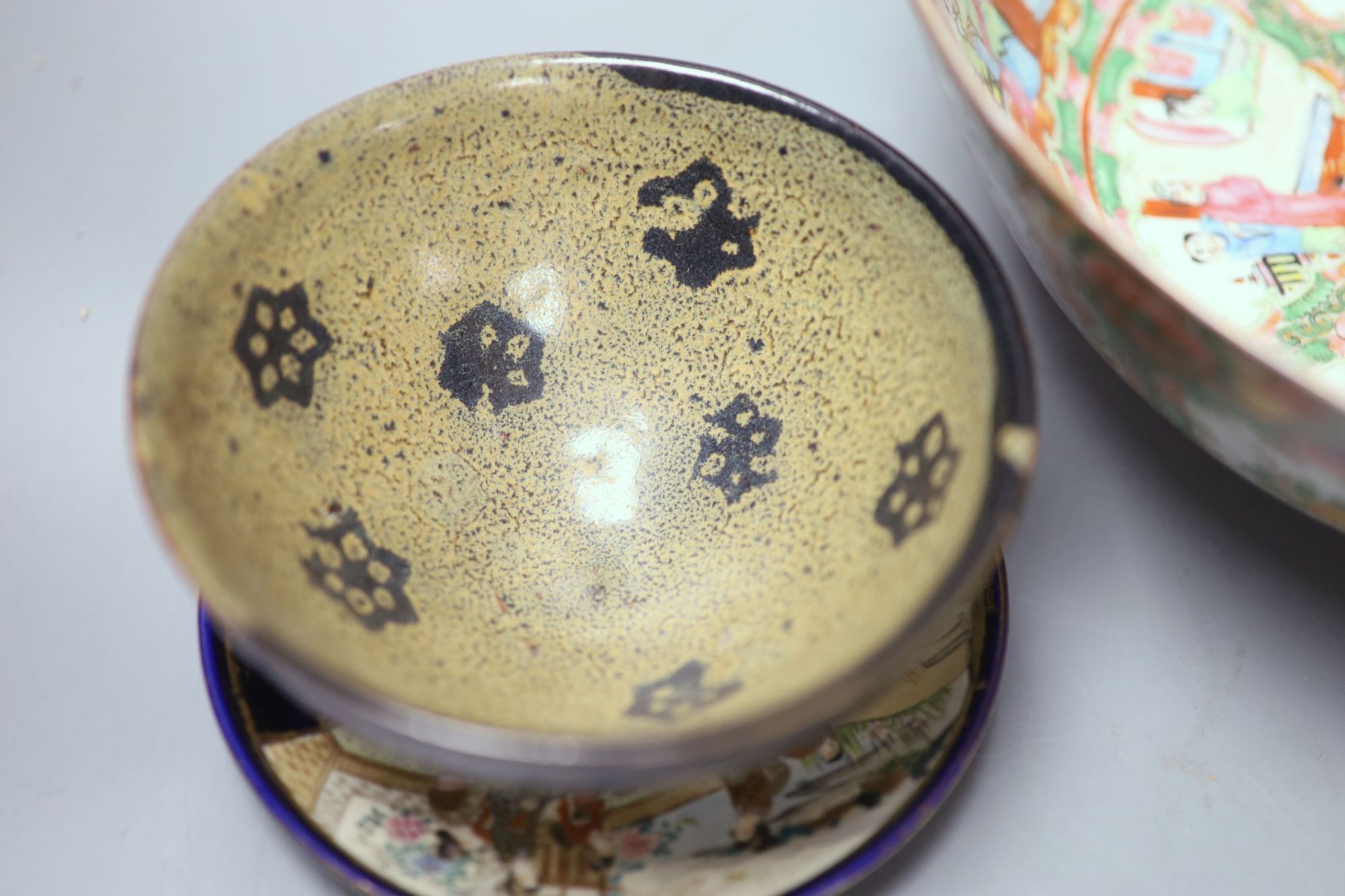 A group Chinese and Japanese ceramics including a Cantonese famille rose bowl, 26cm